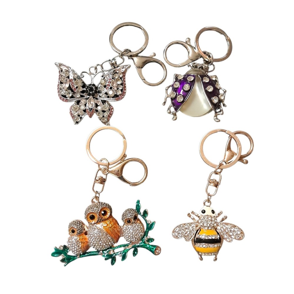 Keychains. Bejeweled Owl, Beatle, Butterfly, And Bumble Bee